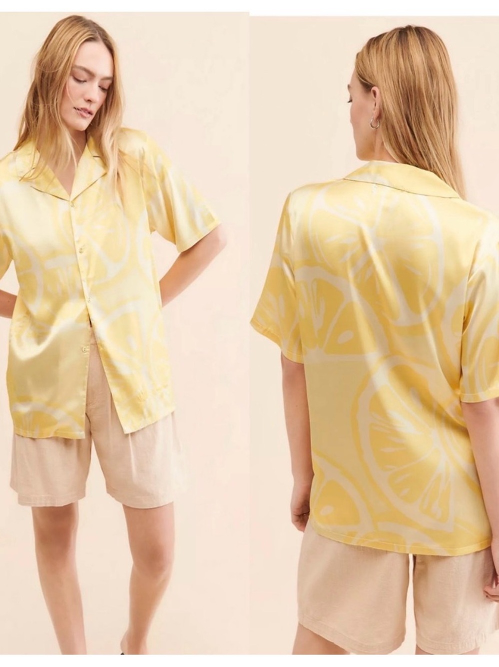 House of Sunny Yellow Citrus Print Short Sleeve Satin Button-Up Top